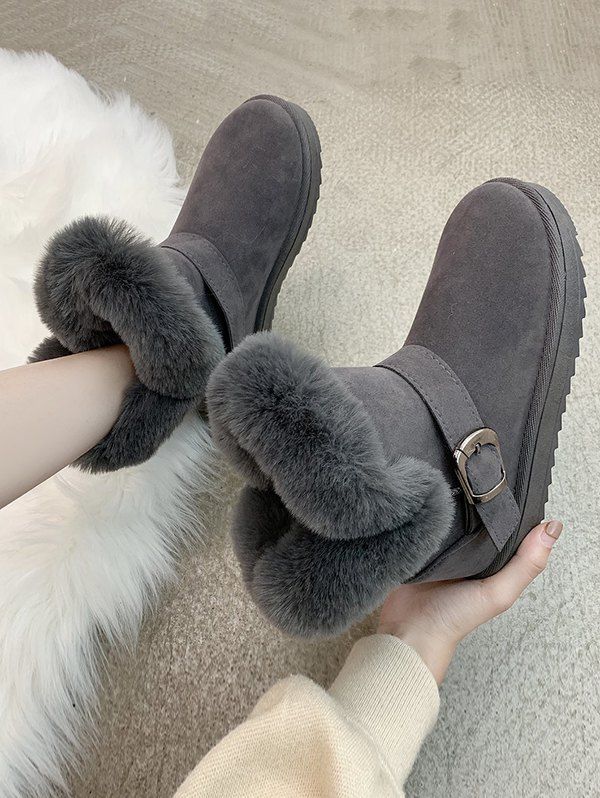 

Buckle Faux Fur Ankle Snow Boots, Gray
