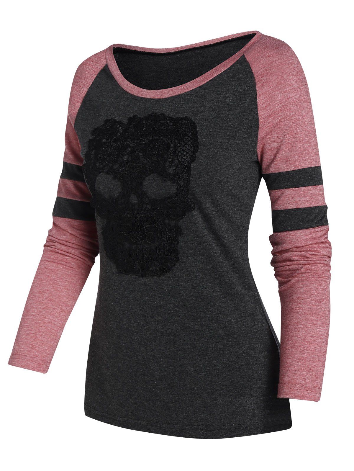 

Halloween Skull Lace Panel Raglan Sleeve Contrast T-shirt, Dark gray