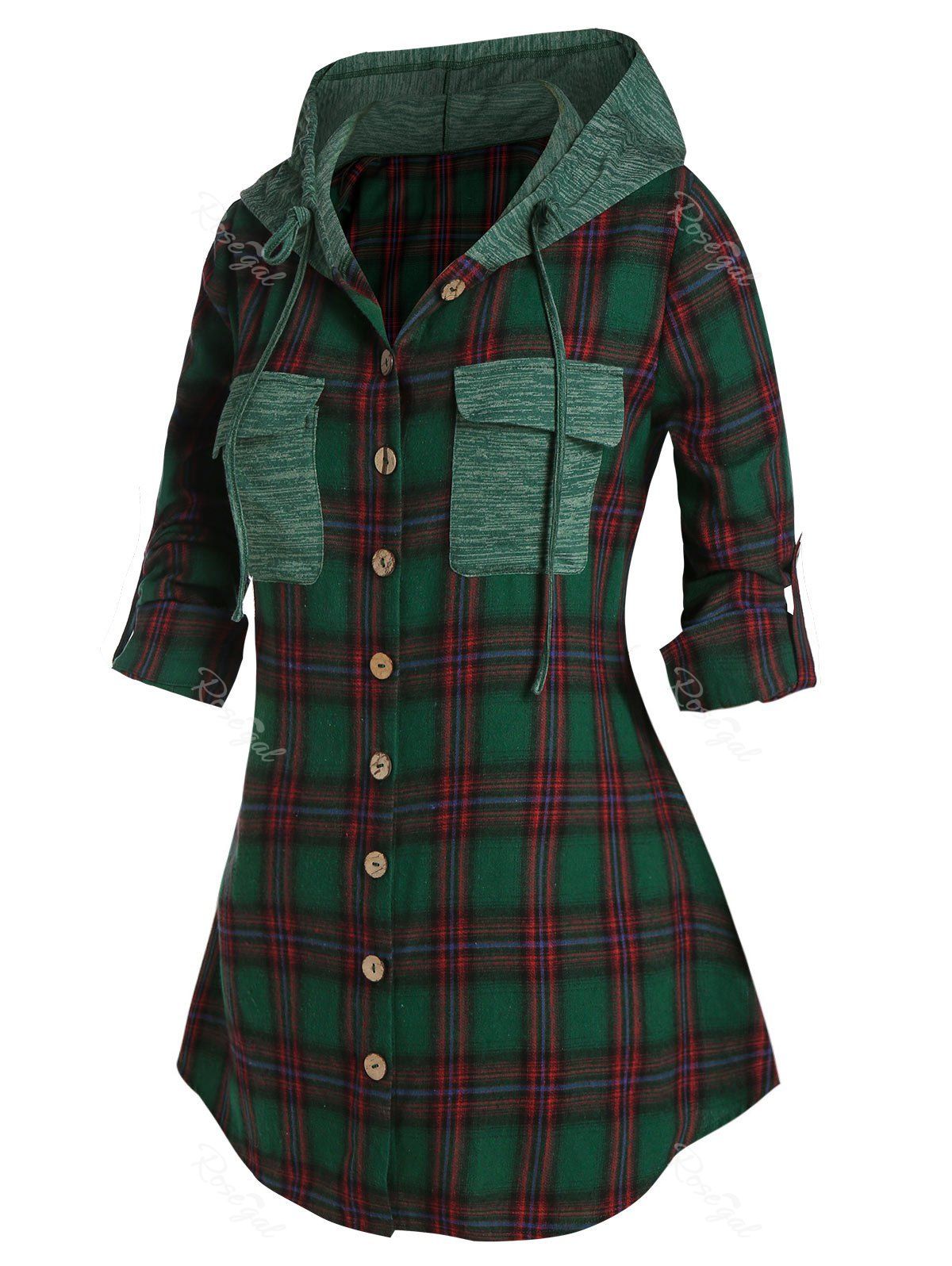 

Plus Size Plaid Flap Pocket Roll Tab Sleeve Hooded Jacket, Sea green