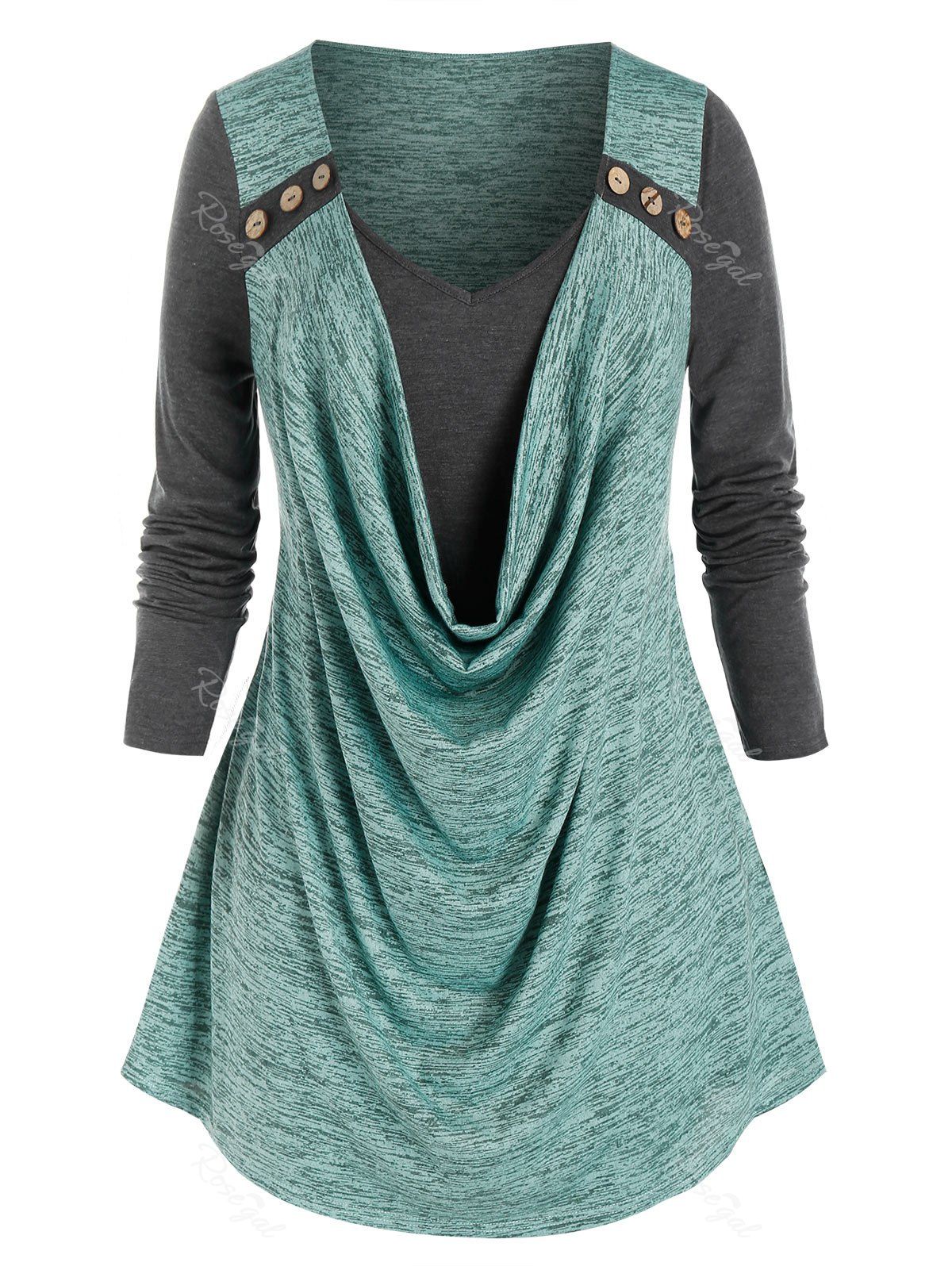 

Plus Size Space Dye Cowl Front Tee, Grayish turquoise