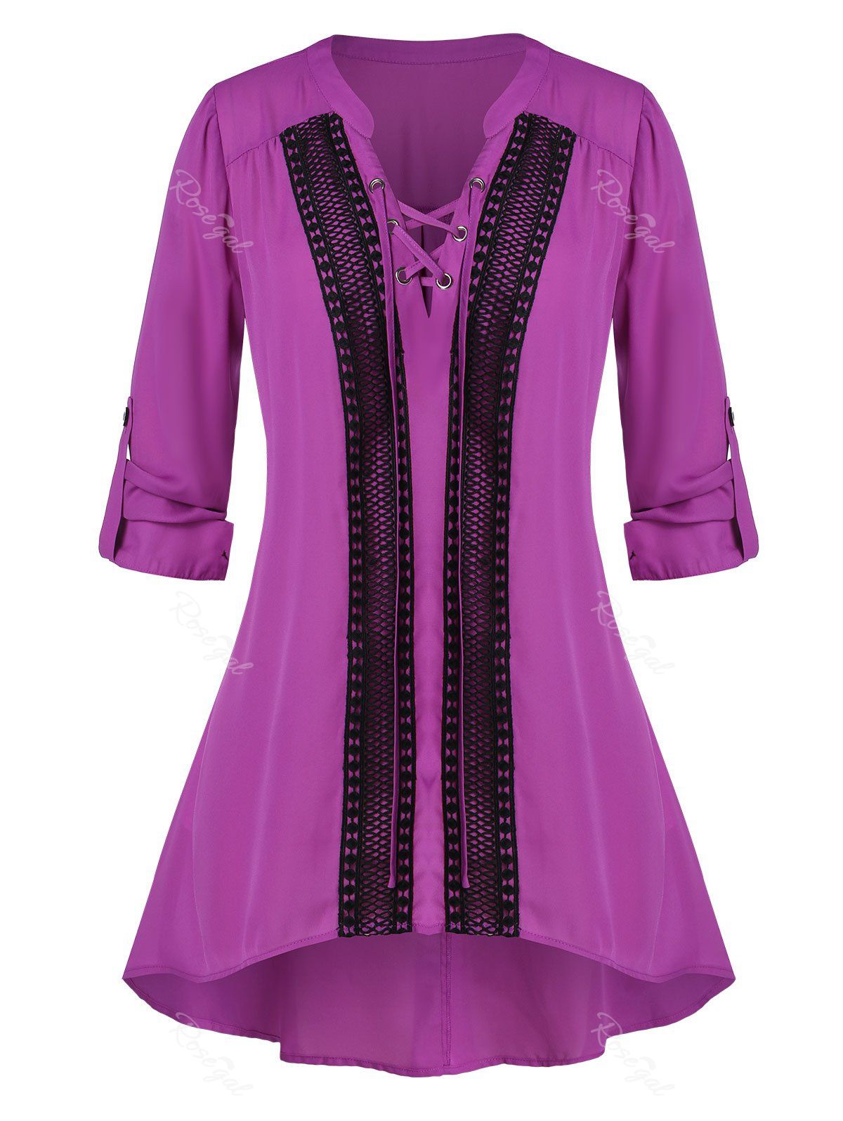 Trendy Plus Size Lace-up Crochet Panel Roll Tab Sleeve Tunic Blouse  