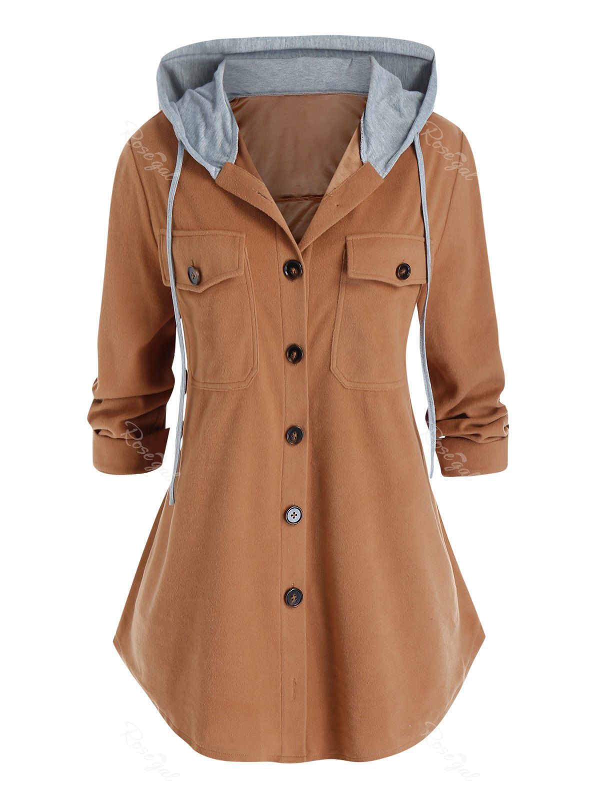 

Plus Size Dual Pocket Hooded Button Front Curved Hem Coat, Coffee