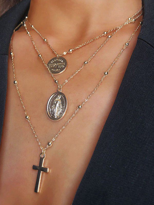 

Engraved Cross Pendant Alloy Layered Necklace, Golden