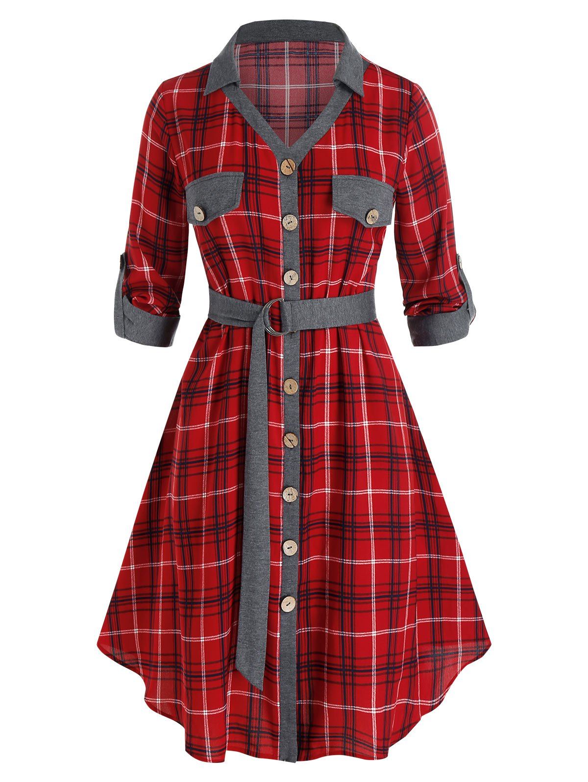 Plus Size Plaid Button Front Roll Tab Sleeve Belted Dress