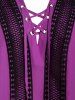 Chemisier Tunique Panneau au Crochet à Manches Roulées Grande Taille à Lacets - Fleur Violet 5X