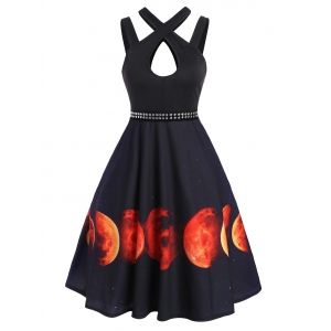 

Halloween Moon Tree Print Rivet Keyhole Dress, Orange