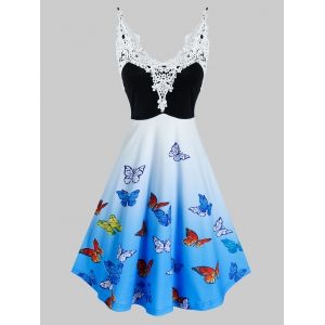 

Lace Insert Ombre Color Butterfly Print Dress, Black