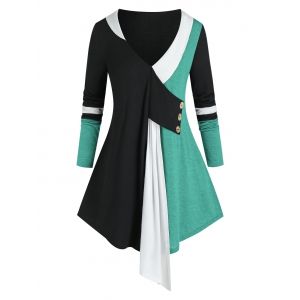 

Plus Size Colorblock Plunging Long Sleeve Tunic Tee, Medium turquoise