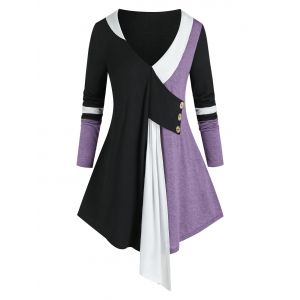 

Plus Size Colorblock Plunging Long Sleeve Tunic Tee, Medium purple