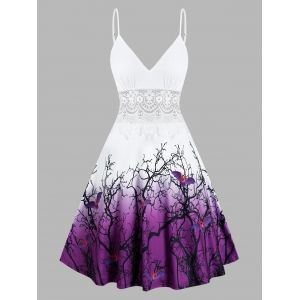 

Halloween Tree Bats Print Lace Insert Flare Dress, Purple