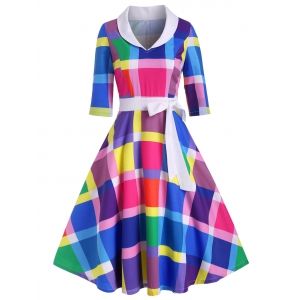 

Bowknot Rainbow Plaid Side Zipper Vintage Dress, Multi