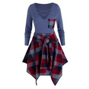 

Plus Size Lattice Pocket Tee Dress with Handkerchief Plaid Skirt Set, Slate blue