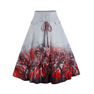 

Trees Print Lace-up Front High Waisted Skirt, White