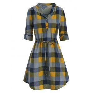 

Half Button Plaid Print Belted Dress, Multi a