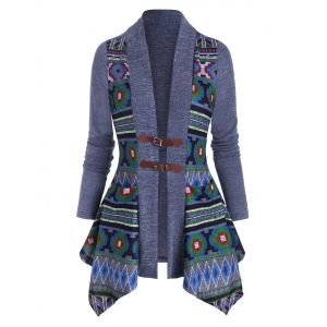 

Pocket Buckle Front Geometric Cardigan, Deep blue
