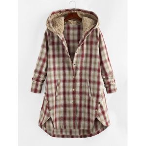 

Plus Size Teddy Hood Plaid Pocket M-slit Coat, Cherry red