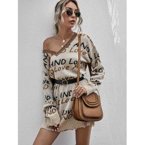 

V Neck And Love Graphic Distressed Sweater Dress, Light yellow