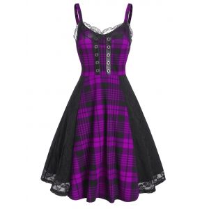 

Lace Panel Plaid Printed Grommet Flare Dress, Purple iris