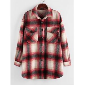 

Plus Size Plaid Button Up Dual Pocket Shirt Jacket, Lava red