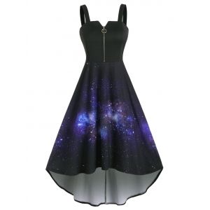 

3D Galaxy Print High Low Midi Dress, Black