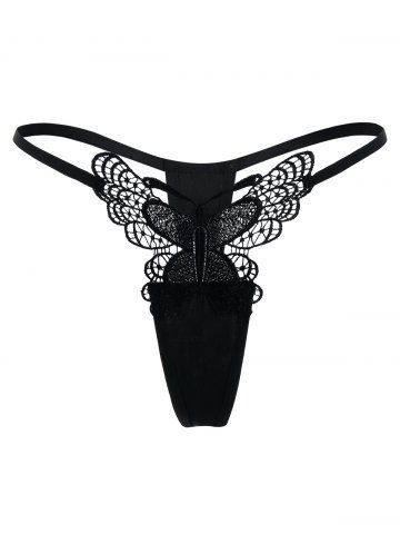 Lace Insert Thong with Butterfly Detail - BLACK - XL