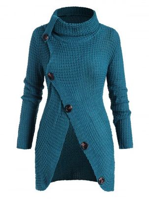 Plus Size Turtleneck Buttoned Front Slit Chunky Sweater