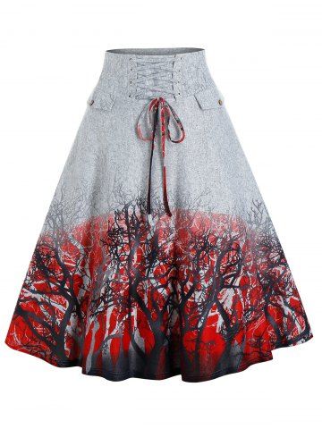 Trees Print Lace-up Front High Waisted Skirt - GRAY - XL
