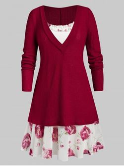 Plus Size Plunging Knitwear with Ruffle Flower Print Cami Dress - RED WINE - L