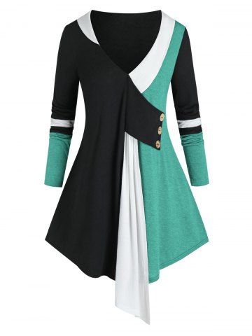 Plus Size Colorblock Plunging Long Sleeve Tunic Tee