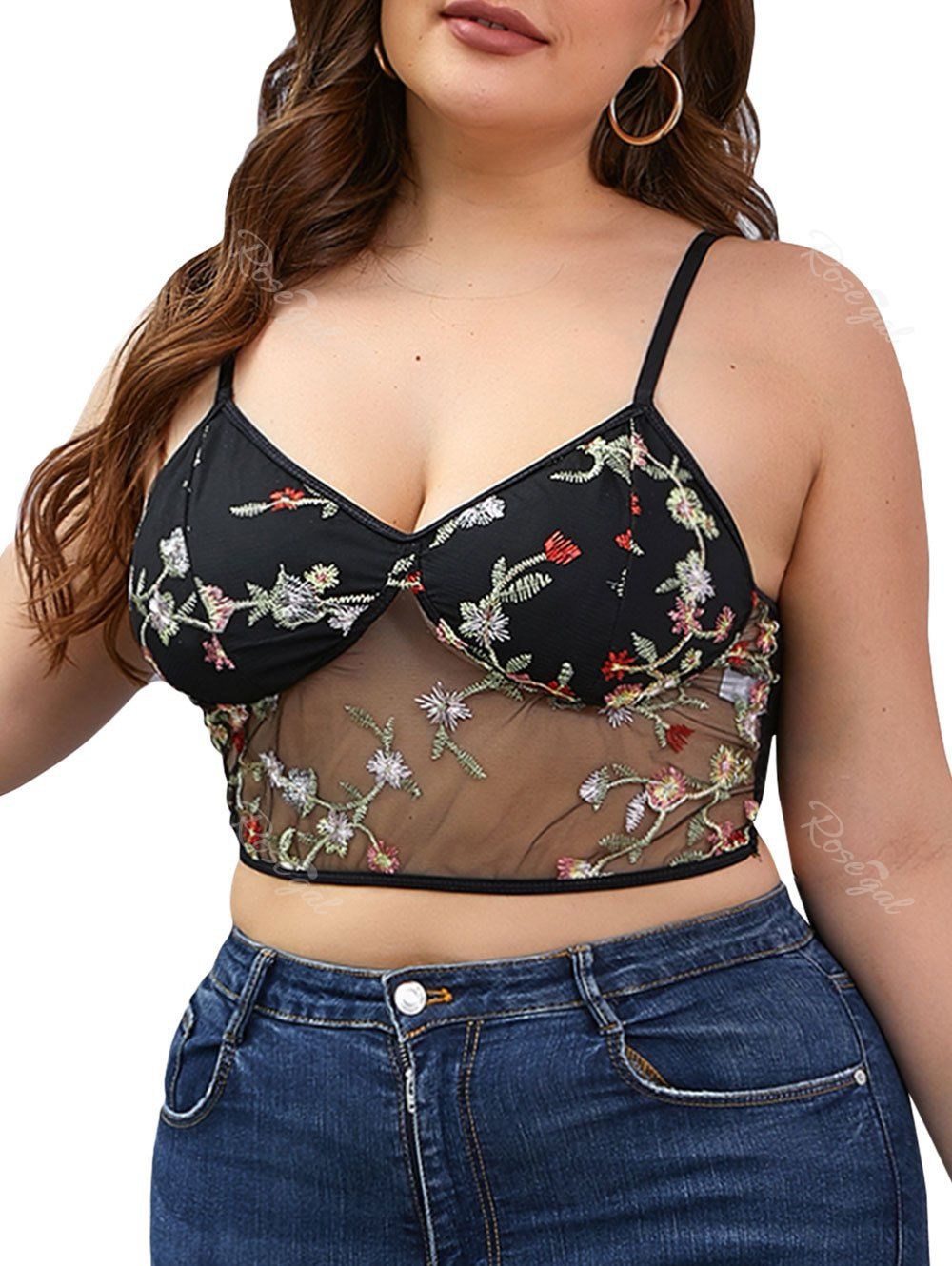 

Plus Size Embroidered Plunge Mesh Bralette, Black