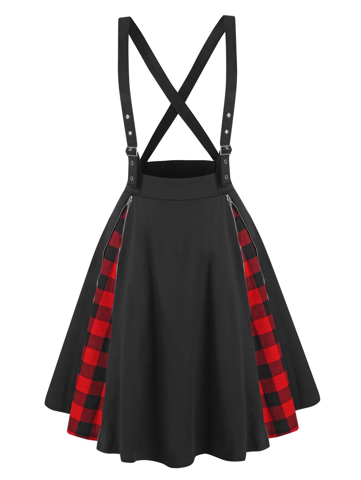 

Plaid Panel Zippered Criss Cross Suspender Skirt, Black