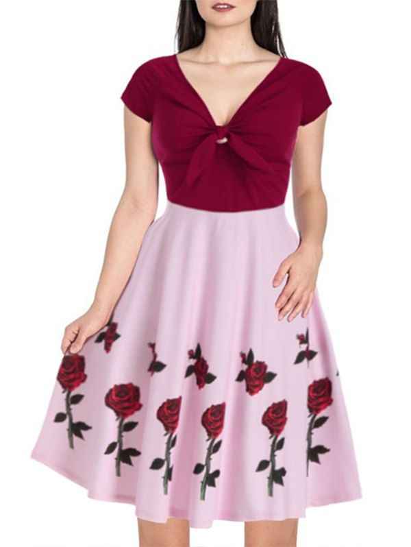 

Raglan Sleeve Rose Flower Print Contrast Dress, Red wine