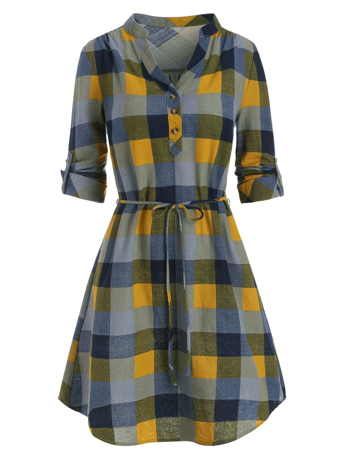 

Half Button Plaid Print Belted Dress, Multi-a