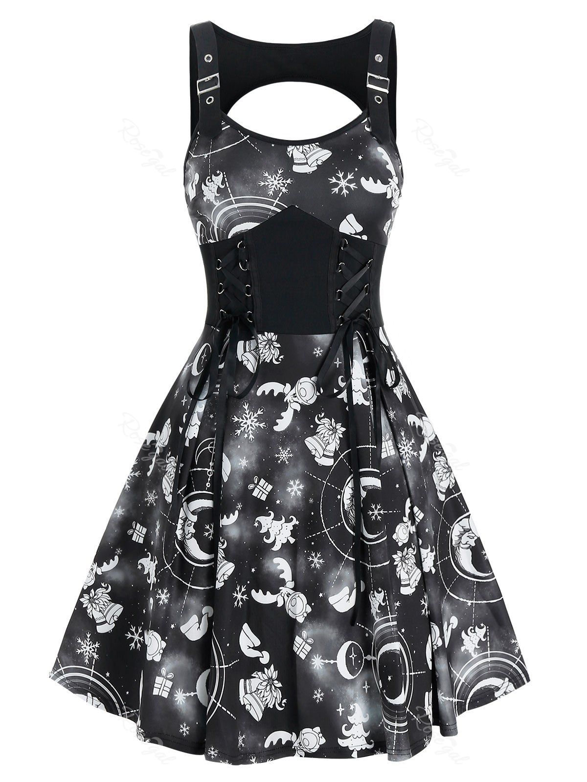 

Christmas Bell Snowflake Moon Print Sleeveless Lace-up Dress, Black