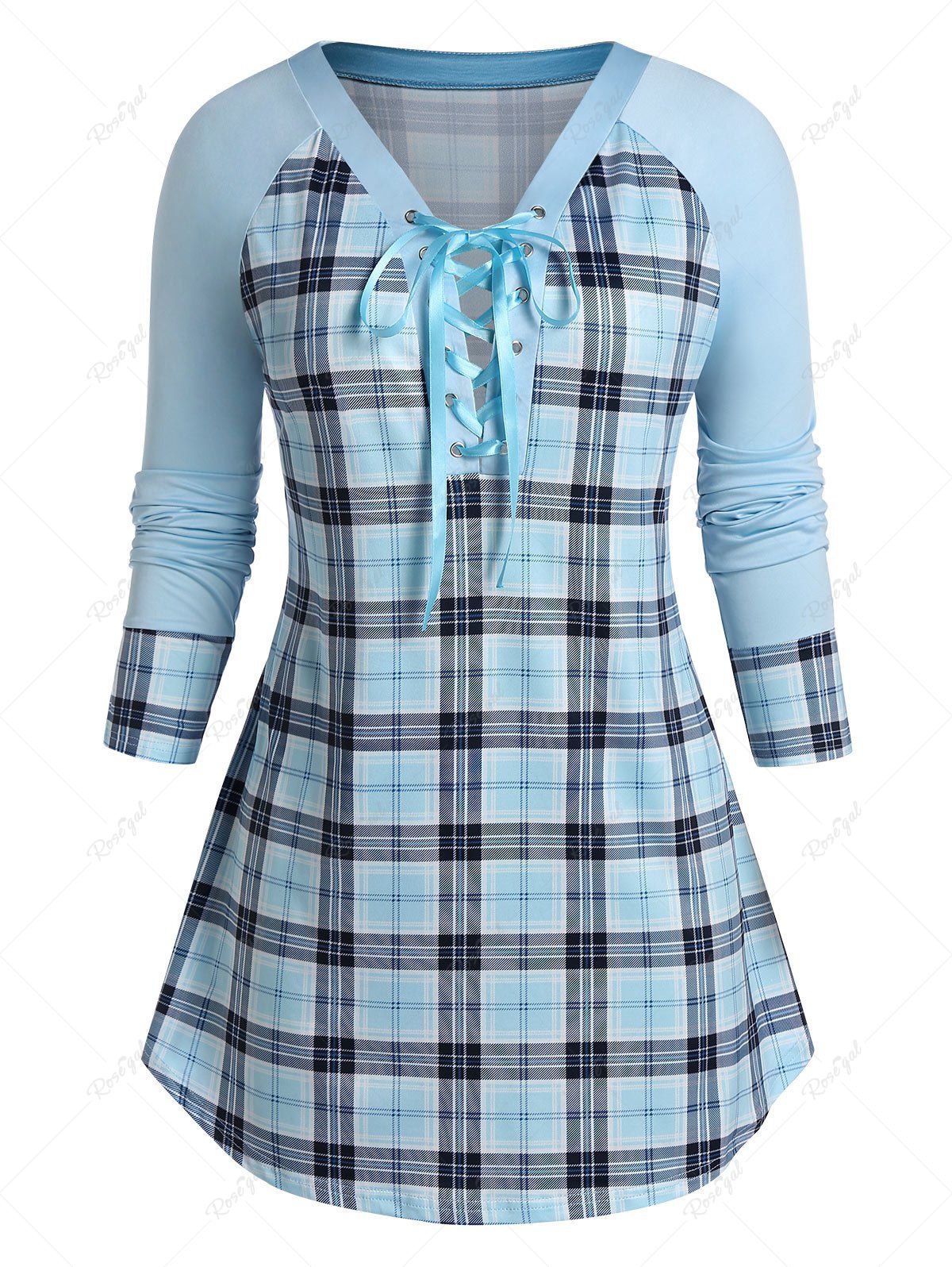 

Plus Size Raglan Sleeve Checked Tunic Sweatshirt, Robin egg blue
