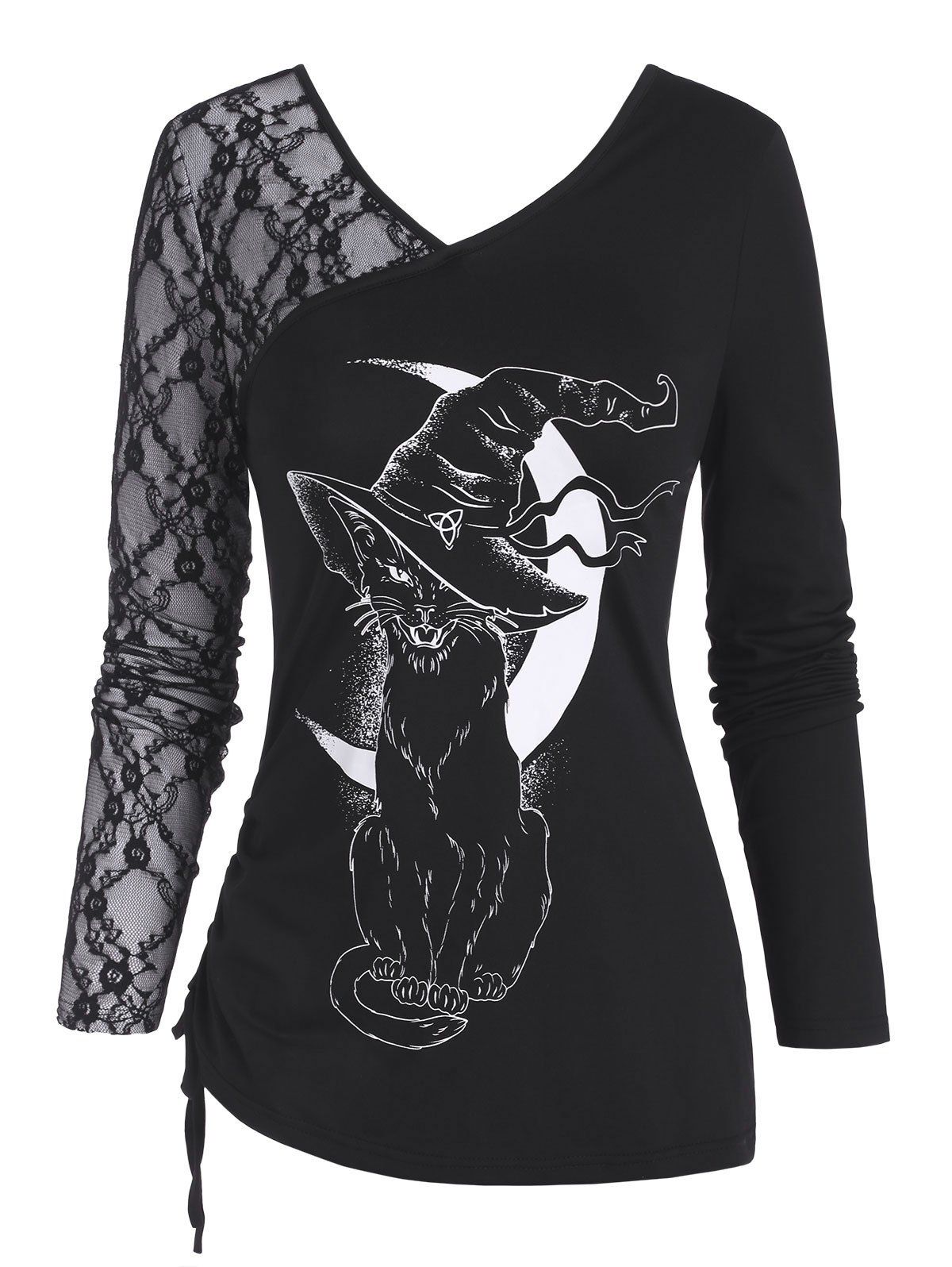 

Cinched Witch Cat Halloween Lace Panel Top, Black