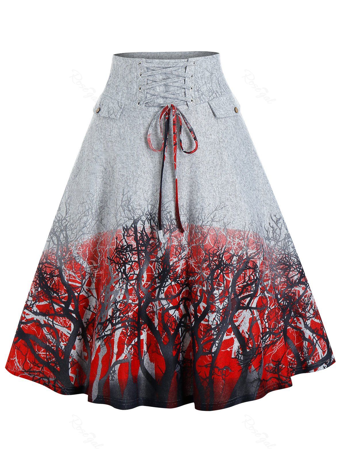 Affordable Trees Print Lace-up Front High Waisted Skirt  
