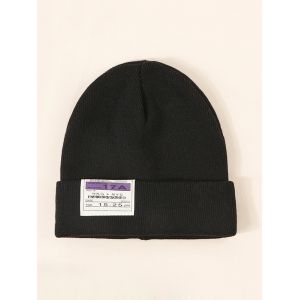 

Turn Up Edge Cloth Label Knitted Hat, Black