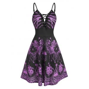 

Halloween Skeleton Floral Print Lace-up Dress, Purple