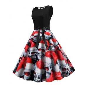 

Skull Print Heart Belted Lattice Halloween Dress, Red