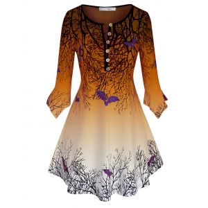 

Plus Size Halloween Tree Bat Print Bell Sleeve Henley T-shirt, Halloween orange