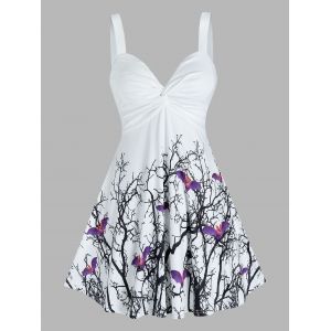 

Halloween Bats Tree Print Sleeveless Twist Front Dress, White