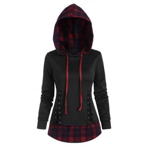 

Plaid Panel Lace-up High Low Hoodie, Black