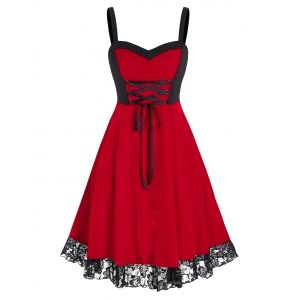 

Plus Size Velvet Lace Hem Lace-up A Line Dress, Red