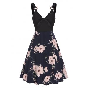 

Bowknot O Ring Floral Print Dress, Black