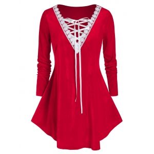 

Plus Size Colorblock Lace Up Velour Top, Red