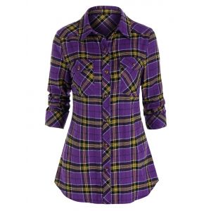 

Plaid Print Button Up Double Pockets Shirt, Dark orchid