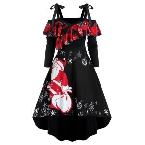 

Christmas Santa Claus Snowflake Print Tie Knot High Low Dress, Black