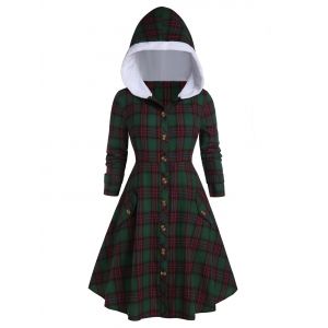 

Plus Size Faux Fur Hooded Plaid Coat, Sea turtle green
