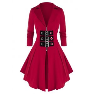 

Plus Size Zip Front Buckles Skirted Coat, Red wine